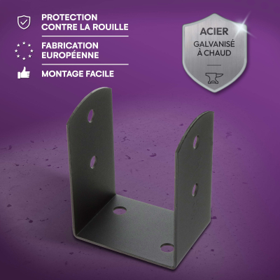 4 Embases pied de poteau à visser en U - Acier galvanisé à chaud Noir - Base 91x91 mm Ht 120 mm - Fabrication européenne
