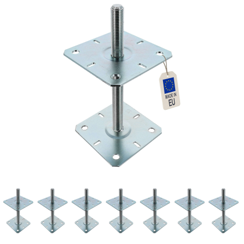 8 Embases Pied de poteau réglable en hauteur par vis - Platines 130x130mm - M24 - Acier galvanisé - Fabrication Europe