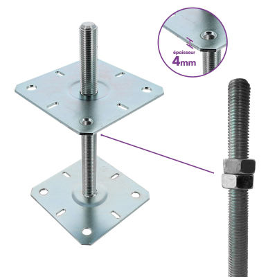 8 Embases Pied de poteau réglable en hauteur par vis - Platines 130x130mm - M24 - Acier galvanisé - Fabrication Europe