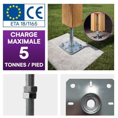 8 Embases Pied de poteau réglable en hauteur par vis - Platines 130x130mm - M24 - Acier galvanisé - Fabrication Europe
