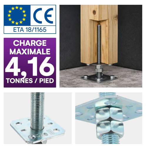 4 Embases Pied de poteau réglable en hauteur par vis - Platines 100x100mm - M20 - Acier galvanisé - Fabrication Europe