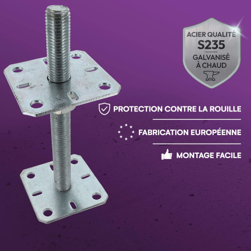 4 Embases Pied de poteau réglable en hauteur par vis - Platines 100x100mm - M20 - Acier galvanisé - Fabrication Europe