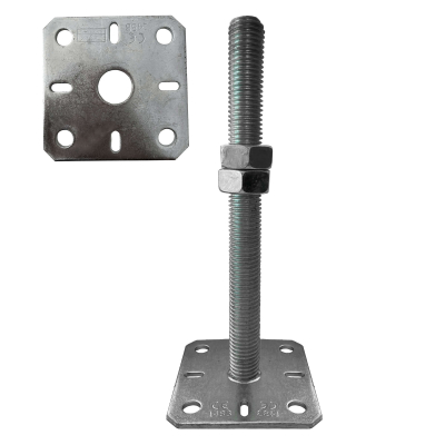 4 Embases Pied de poteau réglable en hauteur par vis - Platines 100x100mm - M20 - Acier galvanisé - Fabrication Europe