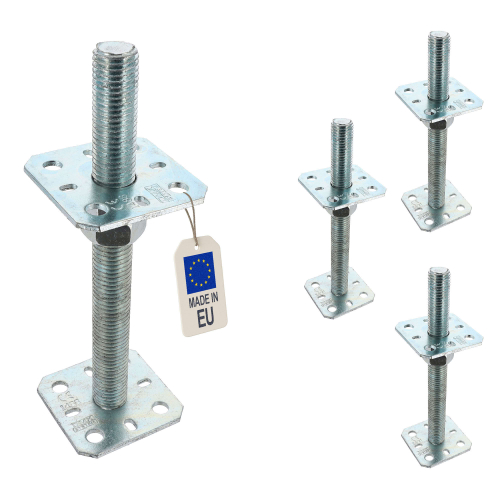 4 Embases Pied de poteau réglable en hauteur par vis - Platines 80x80mm - M24 - Acier galvanisé - Fabrication Europe