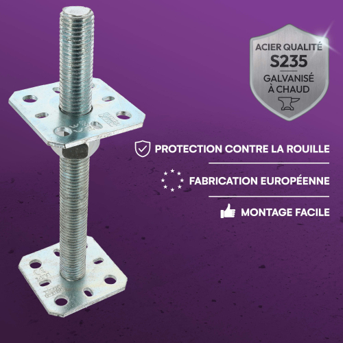 4 Embases Pied de poteau réglable en hauteur par vis - Platines 80x80mm - M24 - Acier galvanisé - Fabrication Europe