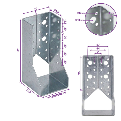 10 sabots de charpente à ailes intérieures - Larg. 70 x Ht. 157 mm - Connecteurs de poutres - Acier galva - Fabriqué en Europe