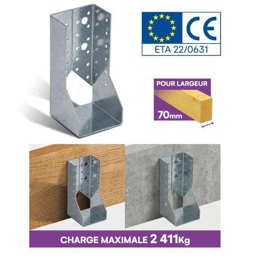 10 sabots de charpente à ailes intérieures - Larg. 70 x Ht. 157 mm - Connecteurs de poutres - Acier galva - Fabriqué en Europe