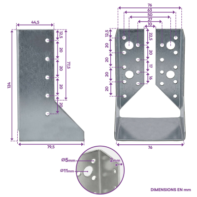 10 sabots de charpente à ailes intérieures - Larg. 76 x Ht. 124 mm - Connecteurs de poutres - Acier galva - Fabriqué en Europe 2