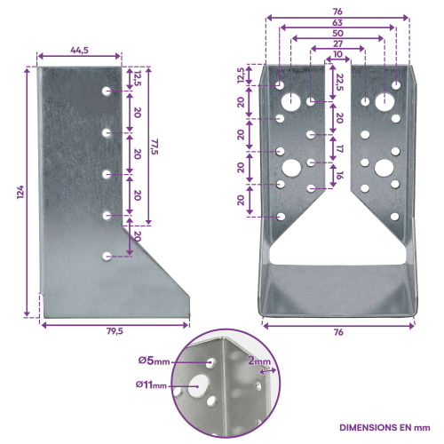 10 sabots de charpente à ailes intérieures - Larg. 76 x Ht. 124 mm - Connecteurs de poutres - Acier galva - Fabriqué en Europe