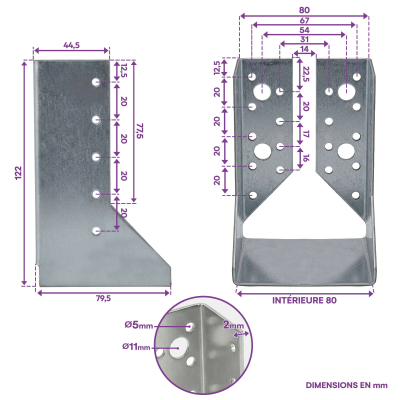 10 sabots de charpente à ailes intérieures - Larg. 80 x Ht. 122 mm - Connecteurs de poutres - Acier galva - Fabriqué en Europe 2