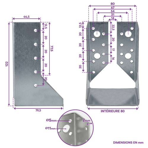 10 sabots de charpente à ailes intérieures - Larg. 80 x Ht. 122 mm - Connecteurs de poutres - Acier galva - Fabriqué en Europe
