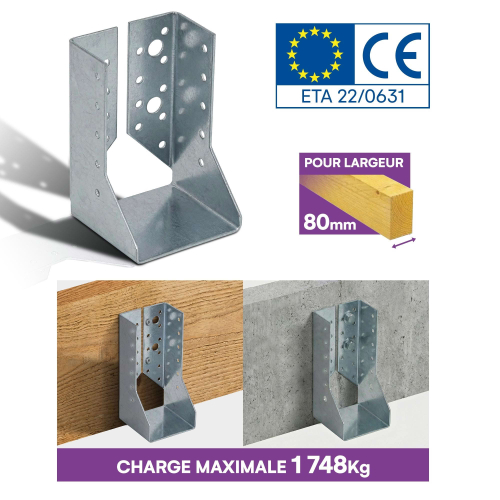 10 sabots de charpente à ailes intérieures - Larg. 80 x Ht. 122 mm - Connecteurs de poutres - Acier galva - Fabriqué en Europe