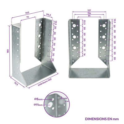 10 sabots de charpente à ailes intérieures - Larg. 140 x Ht. 180 mm - Connecteurs de poutres - Acier galva - Fabriqué en Europe 2