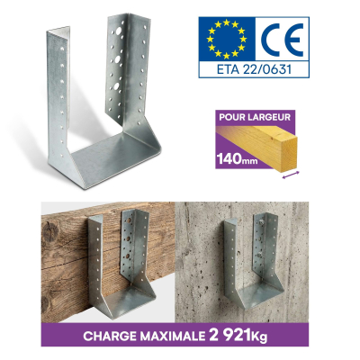 10 sabots de charpente à ailes intérieures - Larg. 140 x Ht. 180 mm - Connecteurs de poutres - Acier galva - Fabriqué en Europe