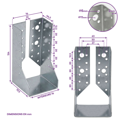 10 sabots de charpente à ailes intérieures - Larg. 76 x Ht. 154 mm - Connecteurs de poutres - Acier galva - Fabriqué en Europe
