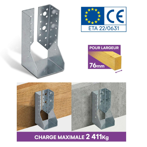 10 sabots de charpente à ailes intérieures - Larg. 76 x Ht. 154 mm - Connecteurs de poutres - Acier galva - Fabriqué en Europe