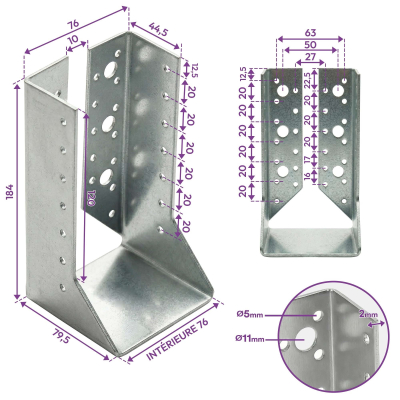 10 sabots de charpente à ailes intérieures - Larg. 76 x Ht. 184 mm - Connecteurs de poutres - Acier galva - Fabriqué en Europe