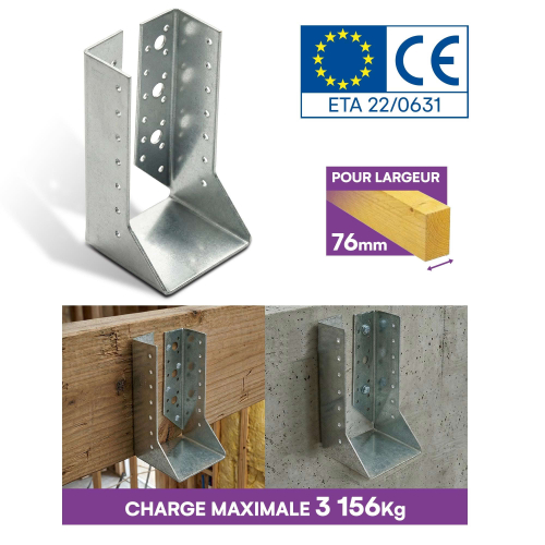 10 sabots de charpente à ailes intérieures - Larg. 76 x Ht. 184 mm - Connecteurs de poutres - Acier galva - Fabriqué en Europe