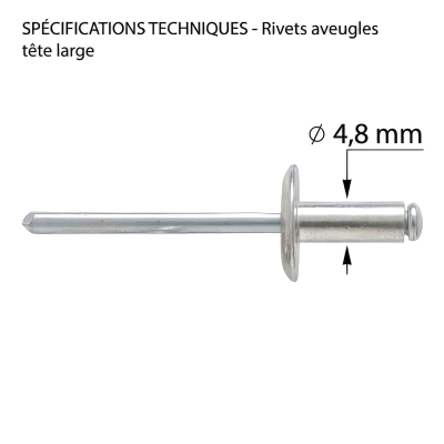 250 Rivets Aveugles - Aluminium - DIN 7337 - Tête Large - diamètre 4,8 mm - Pour matériaux tendres ou fins