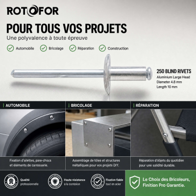 250 Rivets Aveugles - Aluminium - DIN 7337 - Tête Large - diamètre 4,8 mm - Pour matériaux tendres ou fins