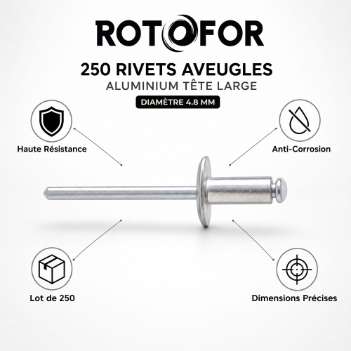 250 Rivets Aveugles - Aluminium - DIN 7337 - Tête Large - diamètre 4,8 mm - Pour matériaux tendres ou fins