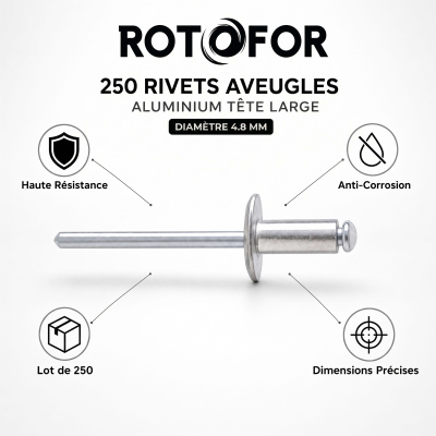 250 Rivets Aveugles - Aluminium - DIN 7337 - Tête Large - diamètre 4,8 mm - Pour matériaux tendres ou fins
