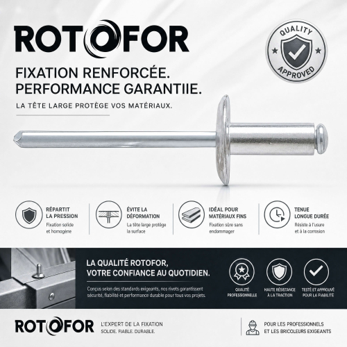250 Rivets Aveugles - Aluminium - DIN 7337 - Tête Large - diamètre 4,8 mm - Pour matériaux tendres ou fins