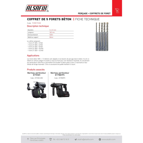 Coffret de 5 forets béton 2 Taillants SDS+ D. 5, 6, 8, 10, 12 x LT. 160 mm - FORETS5B - Alsafix