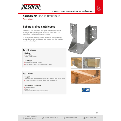 Sabot de charpente à ailes extérieures (P x l x H x ép) 80 x 40 x 170 x 2,0 mm - AL-SE040170 - Alsafix