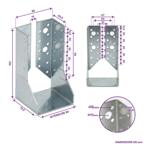 10 sabots de charpente à ailes intérieures - Larg. 80 x Ht. 152 mm - Connecteurs de poutres - Acier galva - Fabriqué en Europe