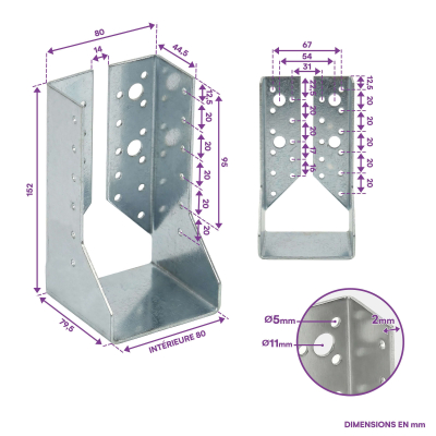 10 sabots de charpente à ailes intérieures - Larg. 80 x Ht. 152 mm - Connecteurs de poutres - Acier galva - Fabriqué en Europe
