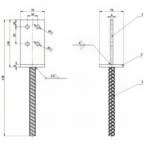 Pied de poteau en âme zingué à ancrer - 70 x 130 x 8 mm