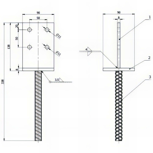 Pied de poteau en âme zingué à ancrer - 90 x 130 x 8 mm