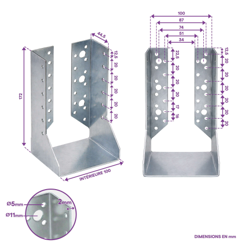 10 sabots de charpente à ailes intérieures - Larg. 100 x Ht. 172 mm - Connecteurs de poutres - Acier galva - Fabriqué en Europe