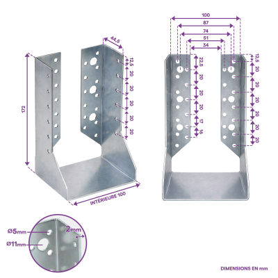 10 sabots de charpente à ailes intérieures - Larg. 100 x Ht. 172 mm - Connecteurs de poutres - Acier galva - Fabriqué en Europe
