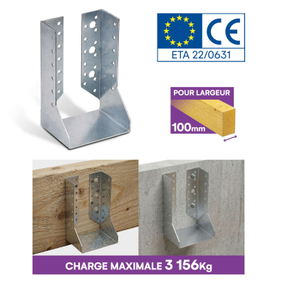 10 sabots de charpente à ailes intérieures - Larg. 100 x Ht. 172 mm - Connecteurs de poutres - Acier galva - Fabriqué en Europe
