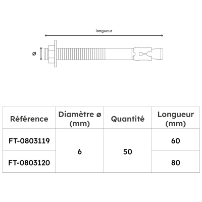 Lot de 50 goujons d'ancrage en acier inox A2 M6 - Diamètre 6 mm