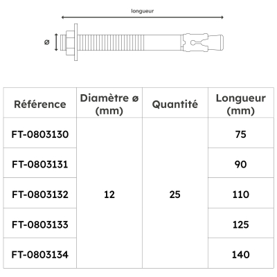 Lot de 25 goujons d'ancrage en acier inox A2 M12 - Diamètre 12 mm