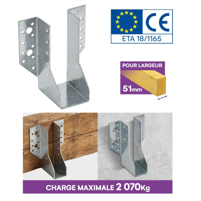 10 Sabots de charpente à ailes extérieures Connecteurs de poutres - Acier galvanisé - Larg 51 x Ht 137 mm - Fabriqué en Europe