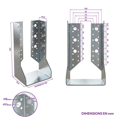10 sabots de charpente à ailes intérieures - Larg. 100 x Ht. 202 mm - Connecteurs de poutres - Acier galva - Fabriqué en Europe 2