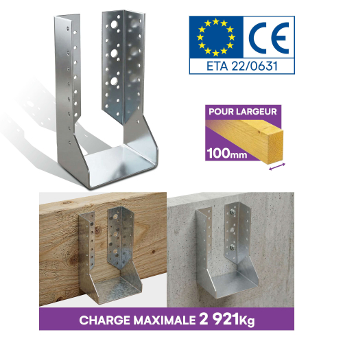 10 sabots de charpente à ailes intérieures - Larg. 100 x Ht. 202 mm - Connecteurs de poutres - Acier galva - Fabriqué en Europe