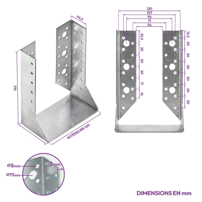 10 sabots de charpente à ailes intérieures - Larg. 120 x Ht. 162 mm - Connecteurs de poutres - Acier galva - Fabriqué en Europe 2