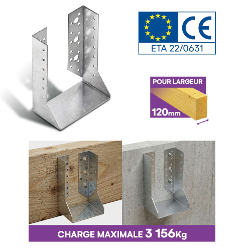 10 sabots de charpente à ailes intérieures - Larg. 120 x Ht. 162 mm - Connecteurs de poutres - Acier galva - Fabriqué en Europe