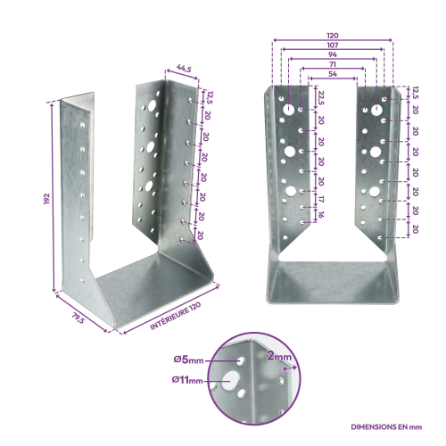 10 sabots de charpente à ailes intérieures - Larg. 120 x Ht. 192 mm - Connecteurs de poutres - Acier galva - Fabriqué en Europe