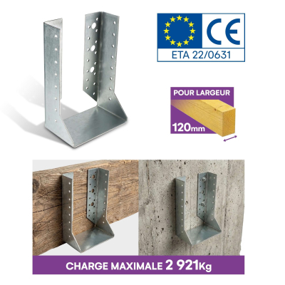 10 sabots de charpente à ailes intérieures - Larg. 120 x Ht. 192 mm - Connecteurs de poutres - Acier galva - Fabriqué en Europe