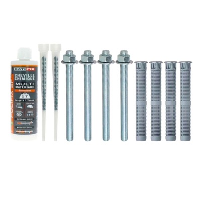 Kit scellement chimique Universel 165ML - 4 Tamis 15X130 - 4 tiges filetées 10X160 - 4 Ecrous - 4 Rondelles - 2 canules 2