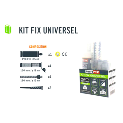 Kit scellement chimique Universel 165ML - 4 Tamis 15X130 - 4 tiges filetées 10X160 - 4 Ecrous - 4 Rondelles - 2 canules