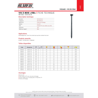 200 Vis Bois Tête Fraisée D. 4 mm Inox A2 TX 20 - Alsafix