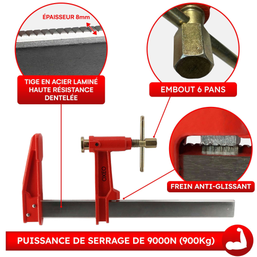 Lot de 6 serre-joints à pompe - 2 x 30cm, 60cm et 80cm - Acier laminé - Frein anti glissement