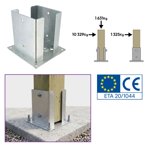 Embase pied de poteau fendu à visser - Acier galvanisé - Platine 260x260 mm - Ht 200 mm - Fabrication Europe